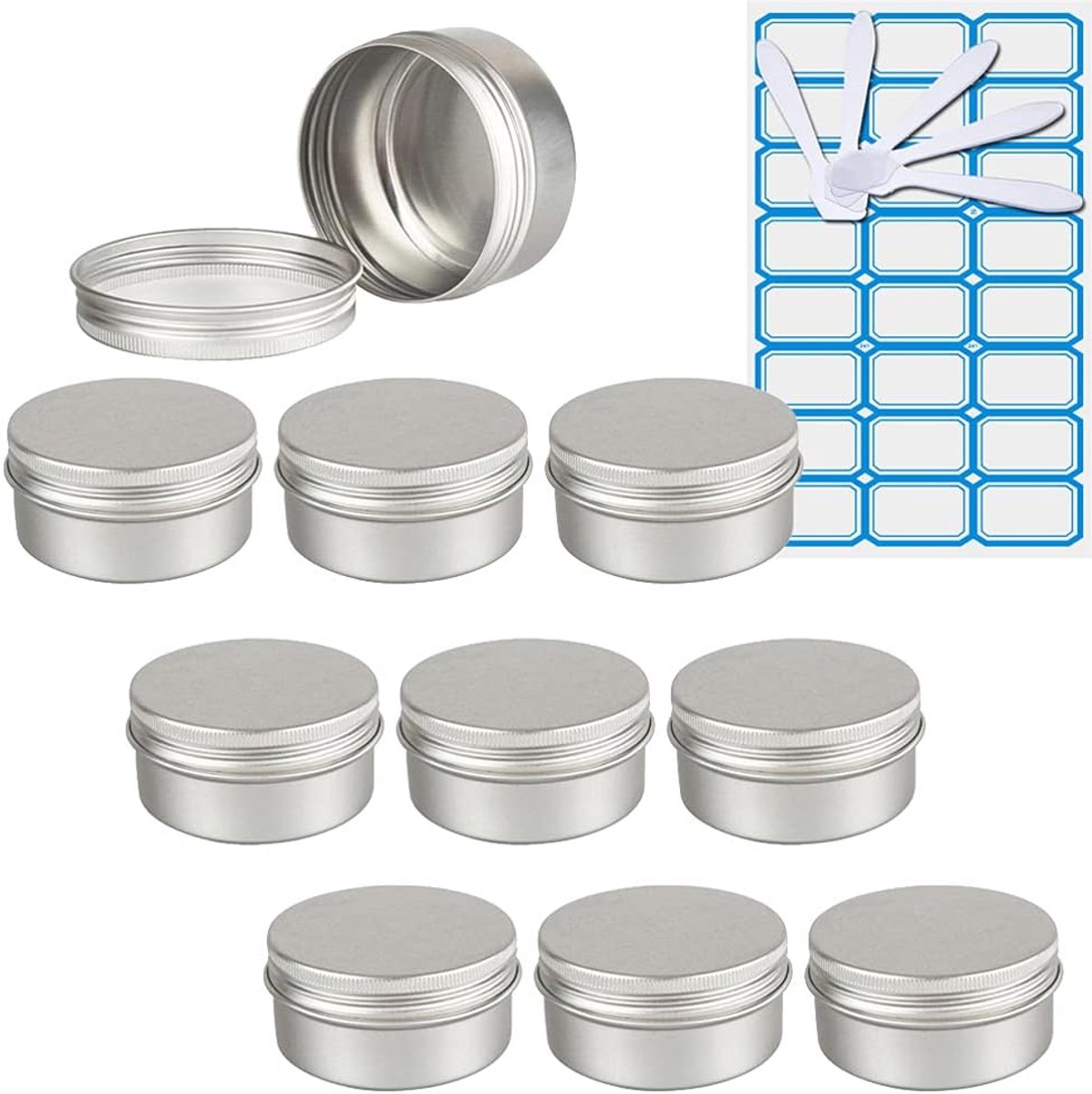 10 stuks lege 80 ml ronde zilveren aluminium blikken met schroefdeksel schroefdoos crèmedoos aluminium blikjes voor cosmetica, kaarsen, zalven, 5 x spatel, 1 x etiket