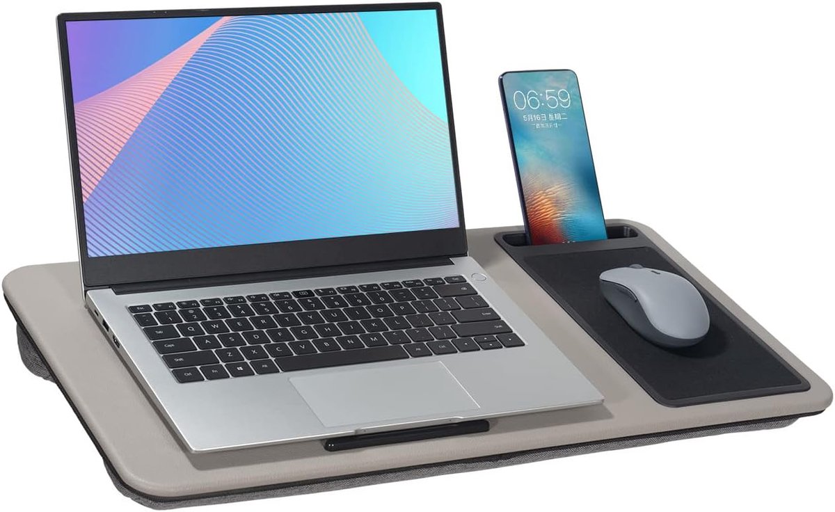 Grijs PU Laptopbureau, Draagbaar Dienblad met Kussen Geschikt voor Schermen tot 17", met Sleuf, Muismat, Geweldig voor Thuis & Kantoor