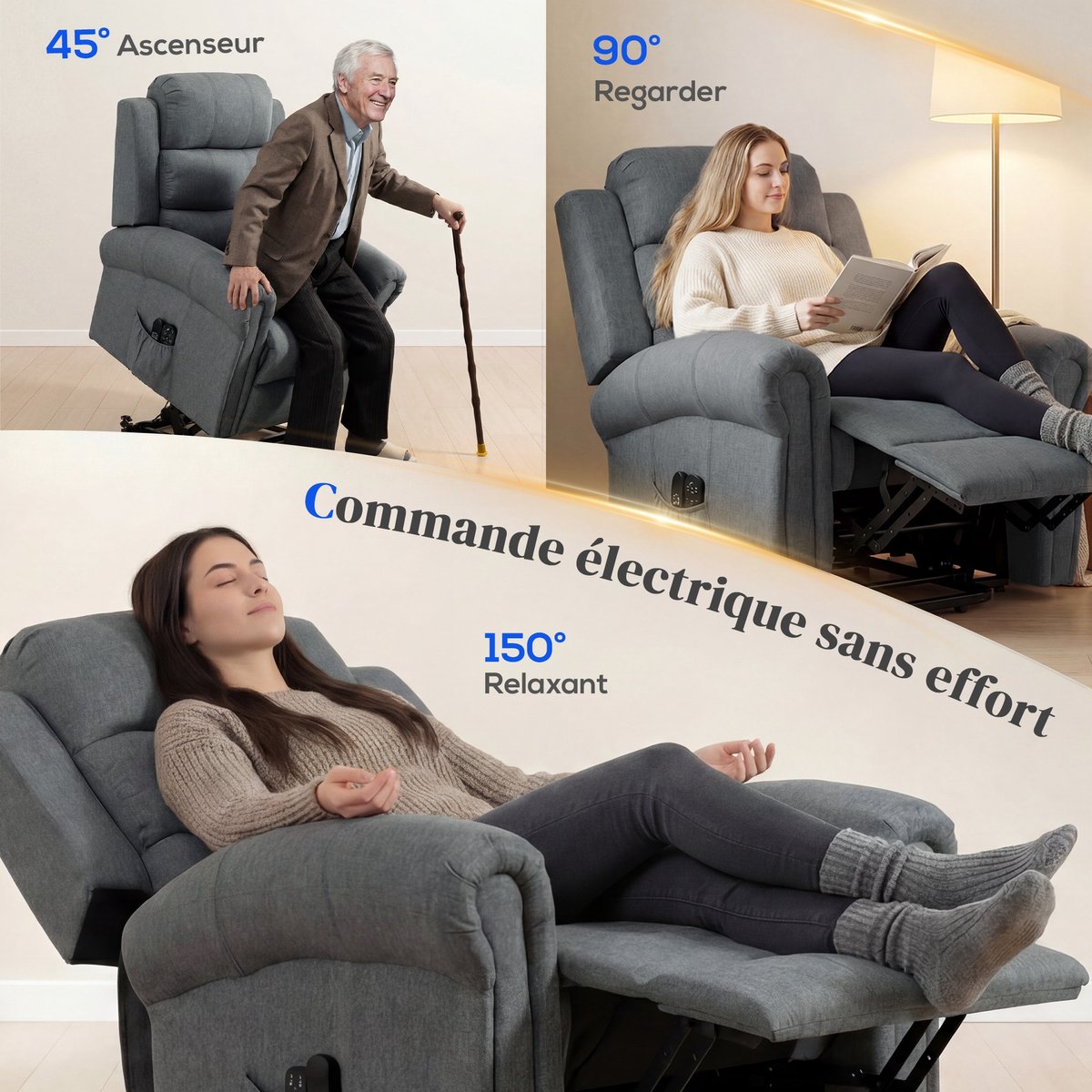 Elektrische Sta-op Stoel met Massage & Warmte, Uitschuifbare Voetensteun, USB, Zijzakken, Verstelbare Bank voor Woonkamer en Slaapkamer,87 x 87,5 x 108 cm, grijs – foto 4