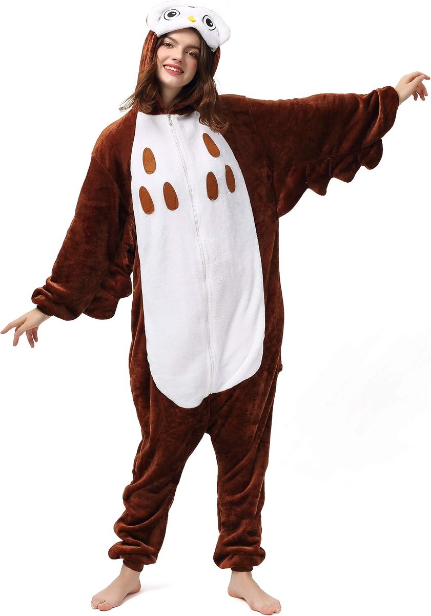 Uilenkostuum, uil, onesie, jumpsuit, carnavalskostuum, volwassenen, jongeren, dames, heren, maat S