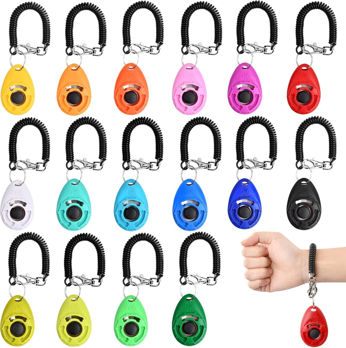 Professionele clicker, hondentraining, clicker met polsband, huisdiertraining-clicker, hondenclicker, set met grote knop, voor honden, katten, paarden, 16 stuks