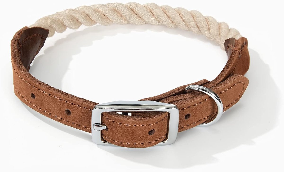 High Life | Premium katoenen touw hondenhalsband | RVS Pin Gesp Ring Hondenhalsband | Echt lederen riem kraag | Voor middelgrote honden grote honden (beige, grote nek 17"-21" -55lbs)