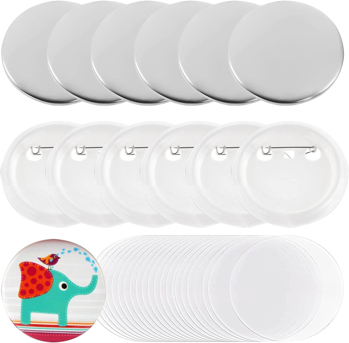 58 mm witte knop badge maker pin onderdelen metaal grote knop schelpen achterkant kunststof componenten transparante bestanden DIY handwerk accessoires kunst knoppen maker 98 stuks