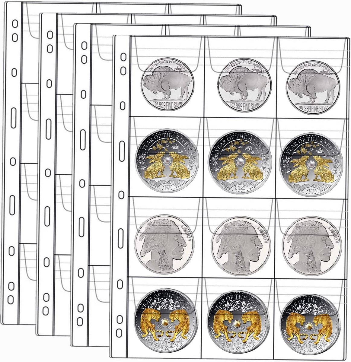 Muntpagina's met 12 vakken voor verzamelaars, 10 vellen muntenverzamelhoezen, benodigdheden voor het verzamelen van munten (12 vakken x 10 vellen)