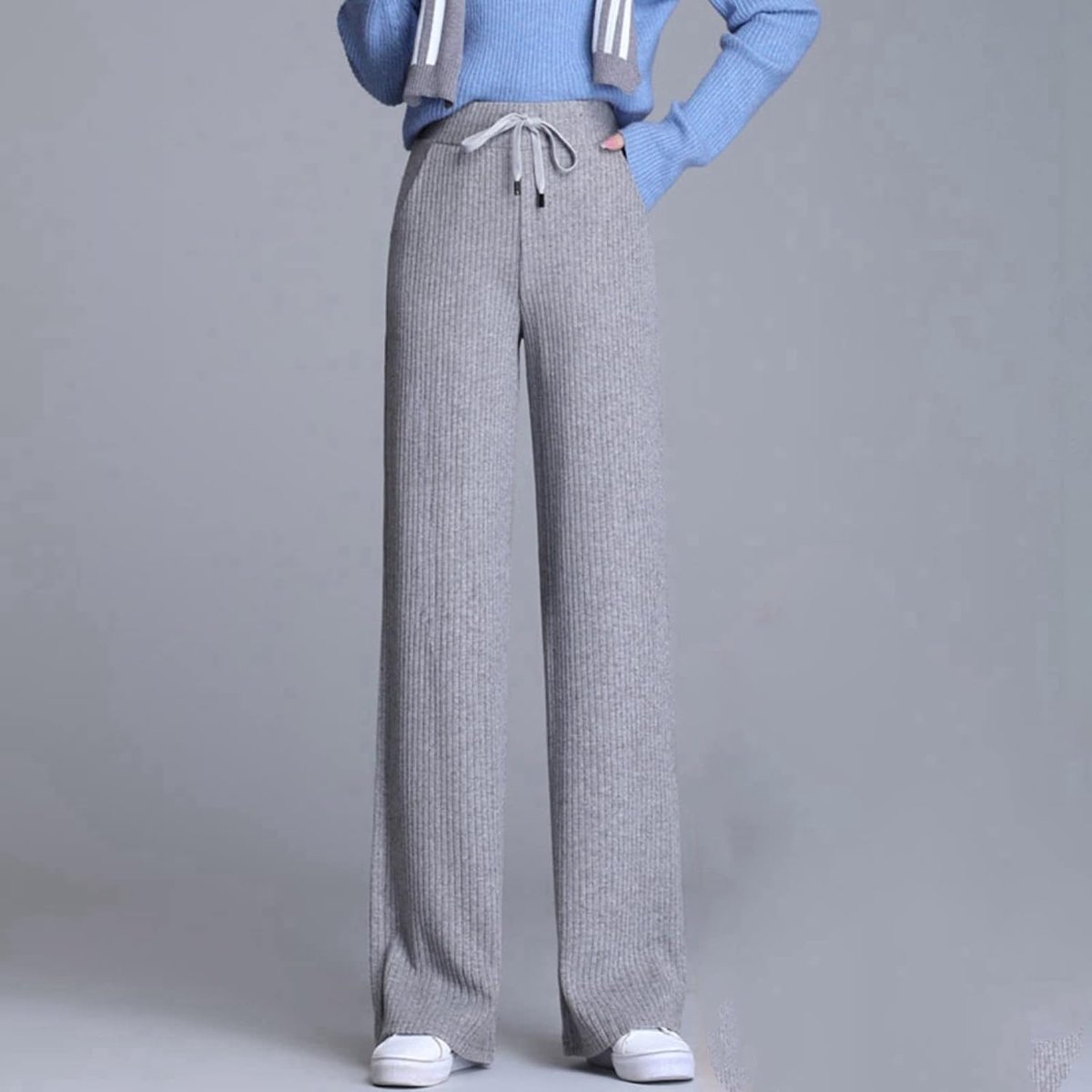Gebreide Broek - Mode Winter Dames Kasjmier Rechte Pijpen Broek Warme Dikke Gestreepte Wijde Pijpen Broek Grijze Hoge Taille Losse Dweilbroek Dames Kerst Nieuwjaar Geschenk,Grey,Xs