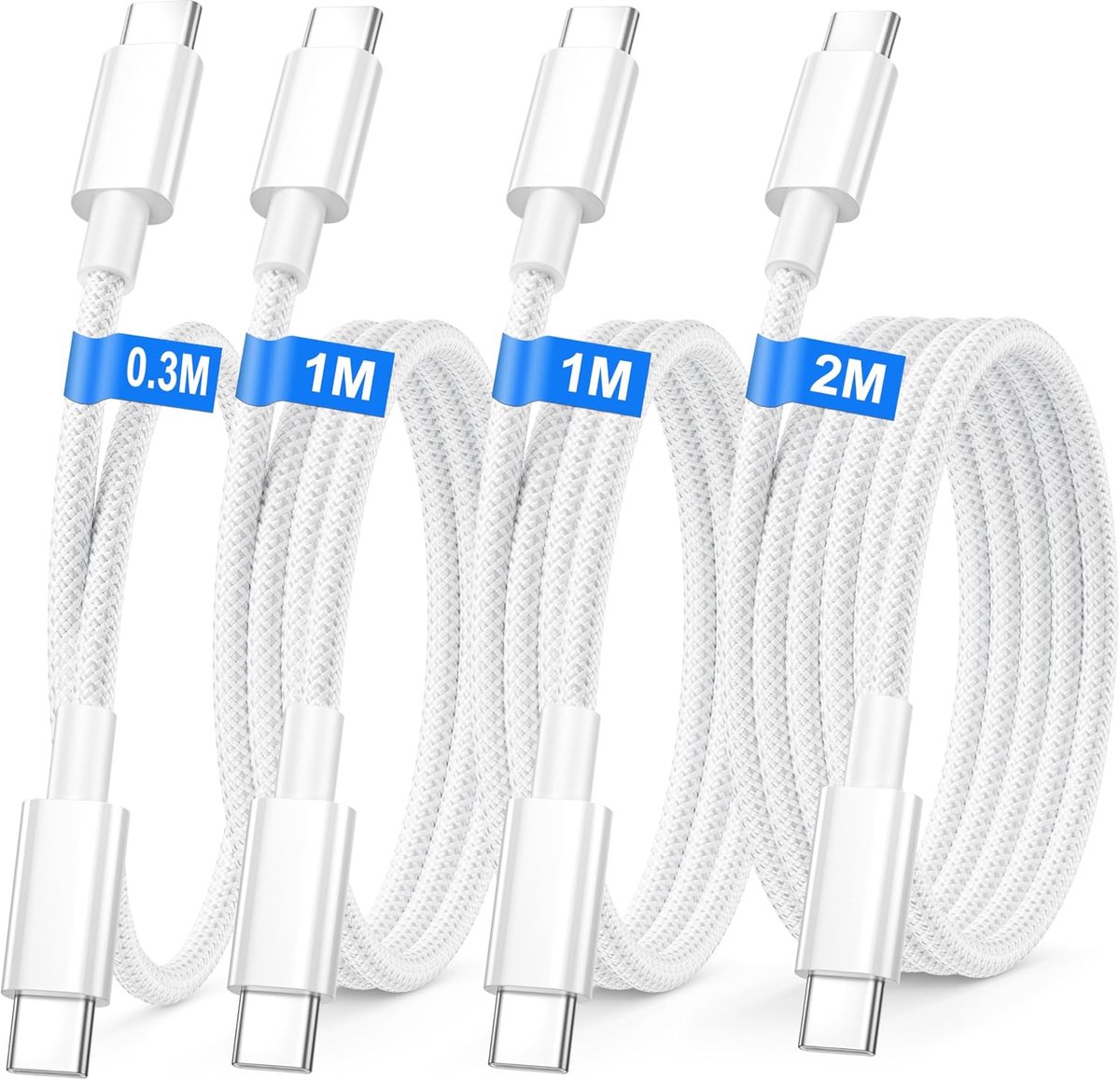 Kabel voor iPhone 16 15 [0,3 + 1 + 1 + 2 m / set van 4], 60 W oplaadkabel type C voor iPhone 17/16/16 Pro Max/15 Plus/15 Pro/15/iPad Pro/Air/MacBook Air/Samsung S25/S24/S23, USB C-kabel snel opladen