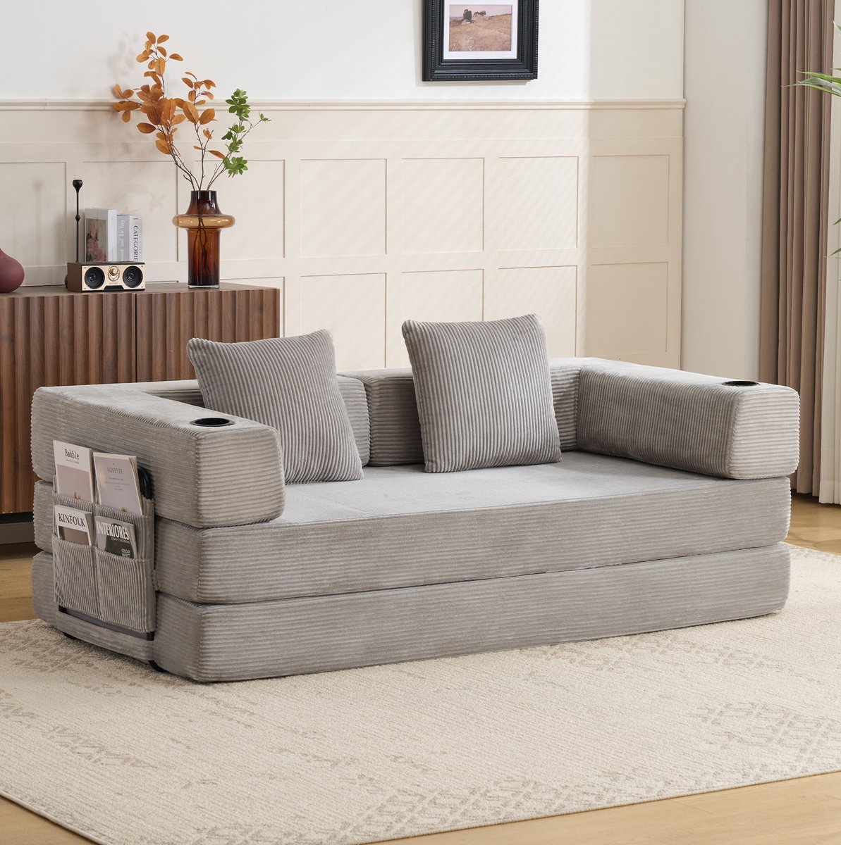 DESMIU Slaapbank 185 x 92,5 x 60 cm - 2-zits - Opvouwbaar met Slaapfunctie, Bekerhouders en Zijvak - Woonkamer en Slaapkamer - Ribfluweel Lichtgrijs