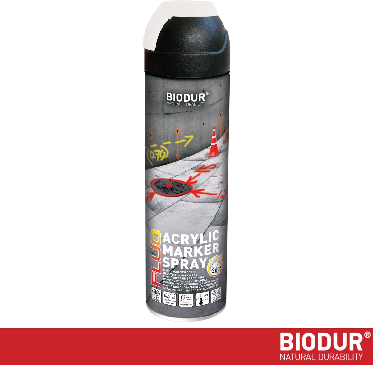 BIODUR Acryl Markeerspray - Wit - 500 ML - Fluorescerend - 360 graden Ventiel - Weer/UV-bestendig - Sneldrogend - Hoge zichtbaarheid