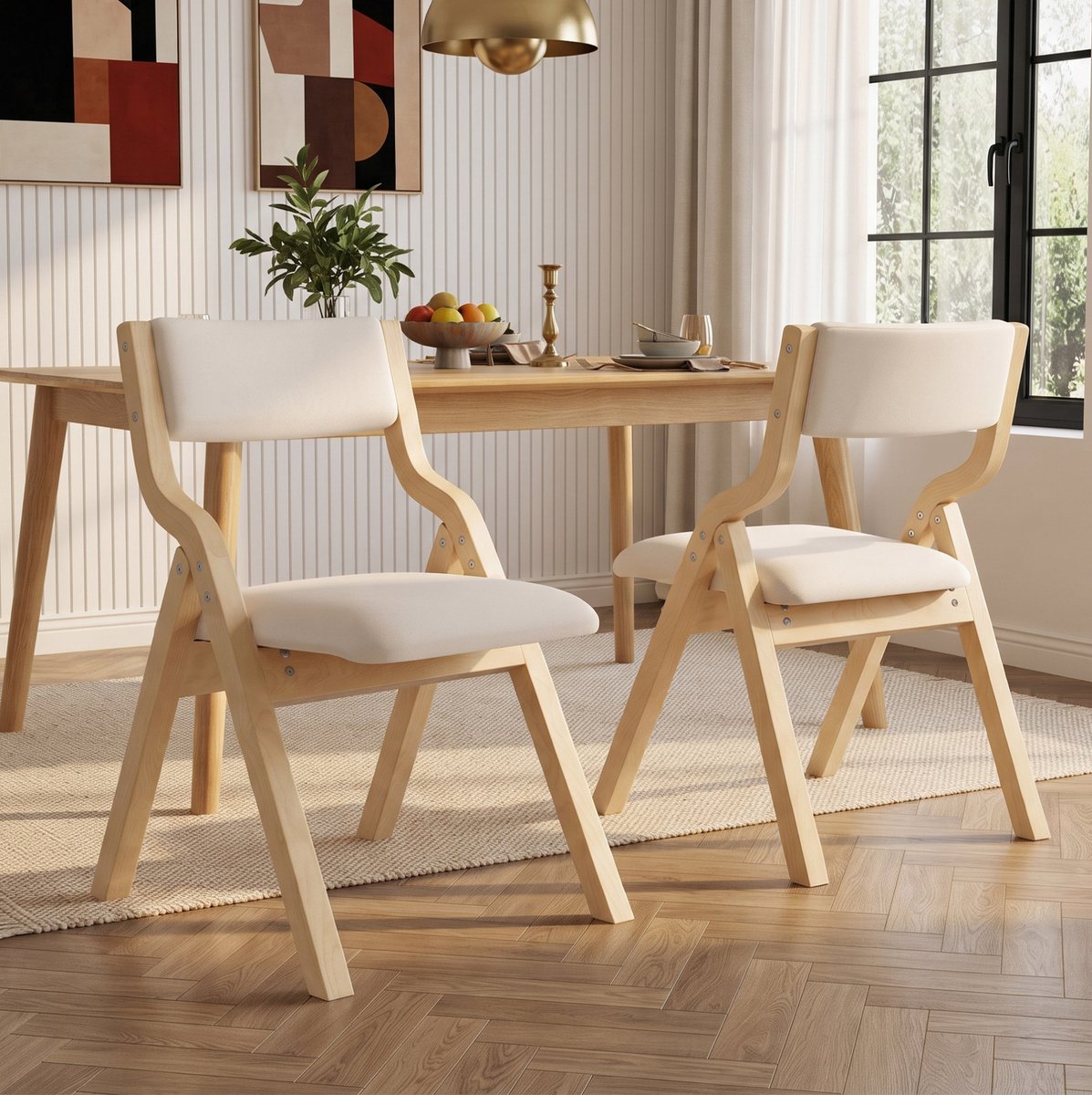 MODENUIT Eetkamerstoelen 49 x 55 x 81 cm - Klapbaar - Set Van 2 - Voor Eetkamer - Hout En Stof Beige