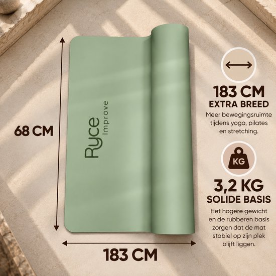 Afmetingen van een saliegroene yogamat: 183 cm lang en 68 cm breed, 5 mm dik, 3,2 kg.