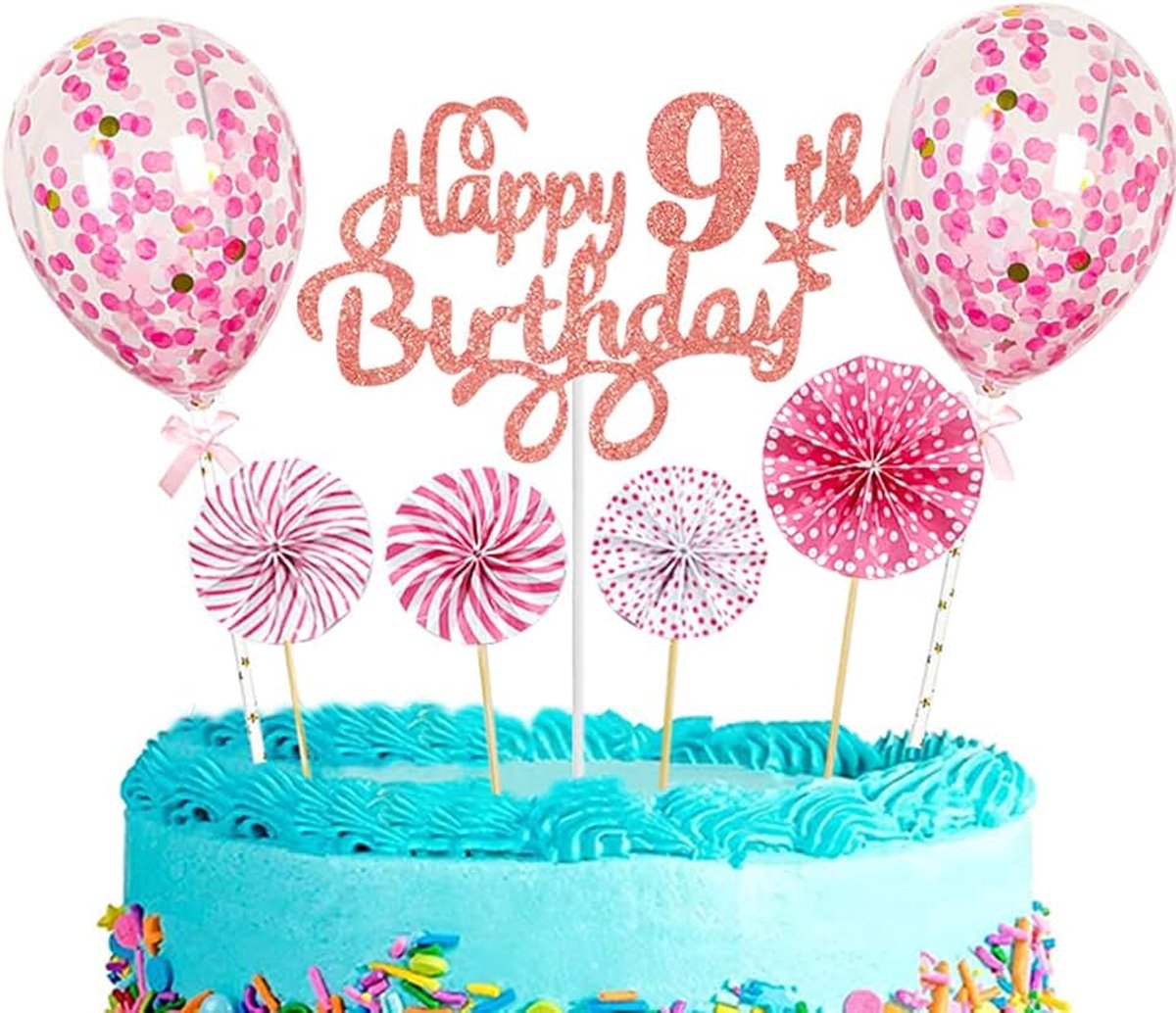 Birthday taarttopper, roze goud, 1e verjaardag decoratie met ballonnen