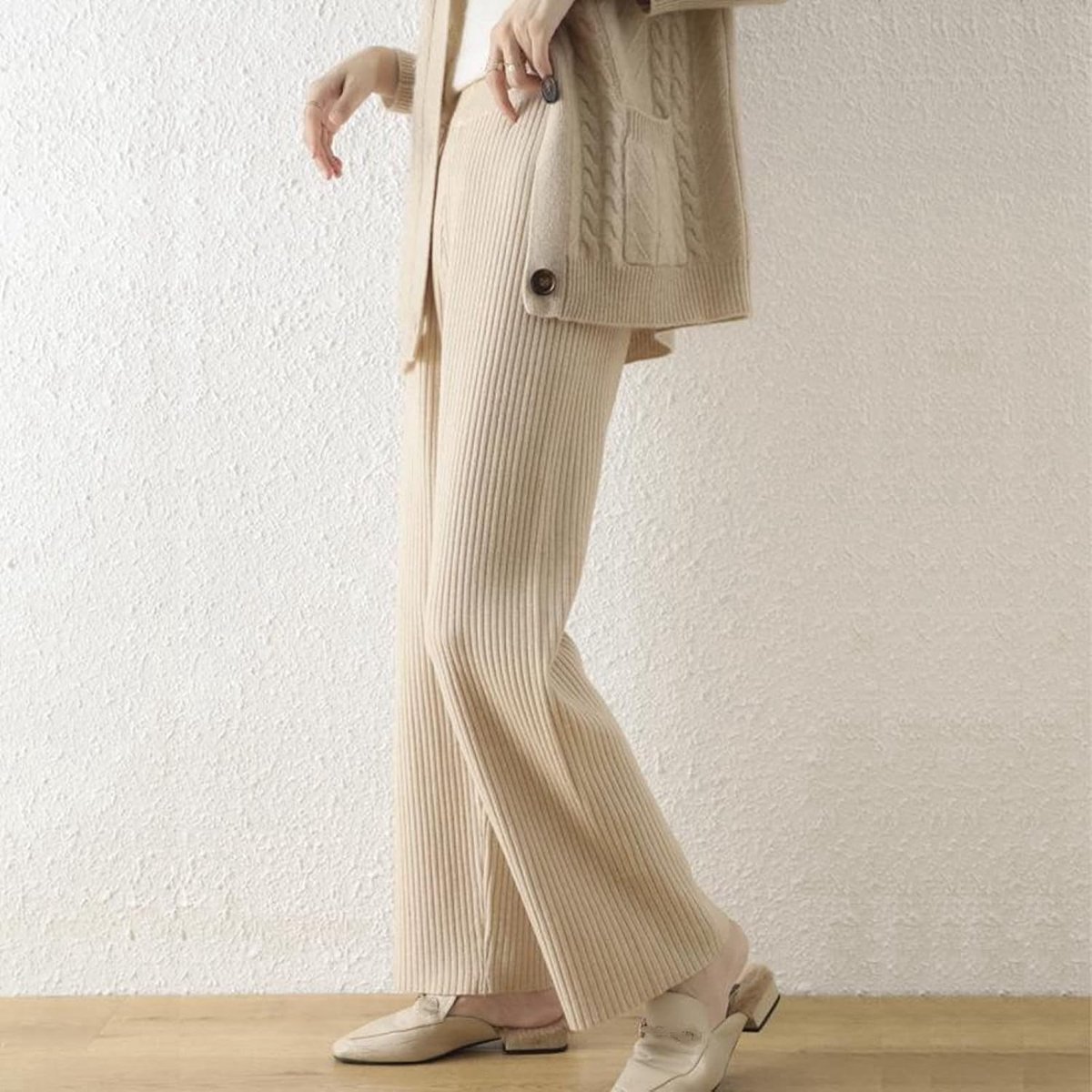 Gebreide Broek - Winter Dames Rechte Pijpen Broek Verdikte Warme Stretch Gestreepte Wijde Pijpen Broek Modieus Abrikoos Hoge Taille Dweilbroek Losse Casual Dames Kerstmis Nieuwjaar Geschenk,A
