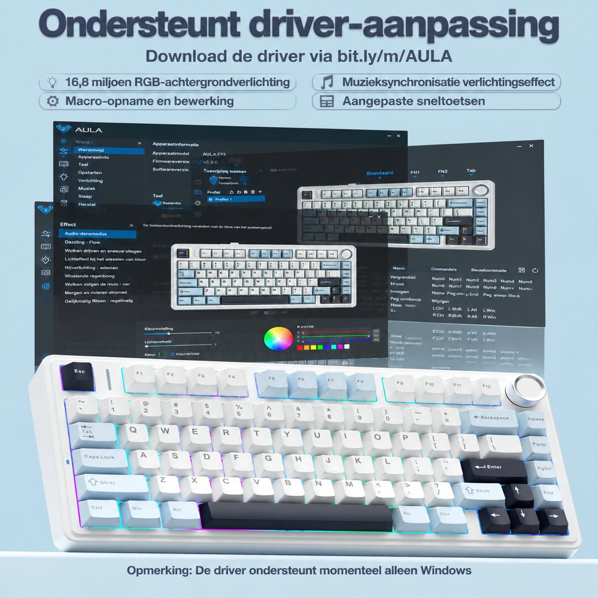 AULA F75- Mechanisch Draadloos Toetsenbord Gaming- RGB - 75% Qwerty - Gaming Keyboard - Reaper Switch - Licht Blauw thumbnail 5