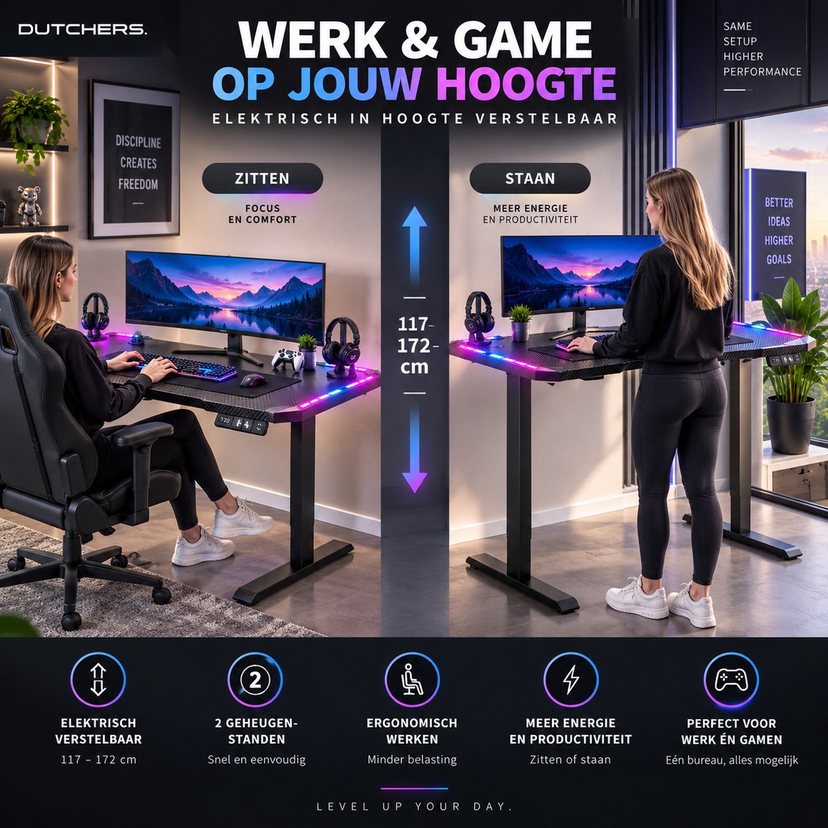 Dutchers® Gaming Bureau 140 cm met LED Verlichting – Elektrisch Zit Sta Bureau – In Hoogte Verstelbaar Bureau – Geheugenfunctie – Carbon Look Bureaublad