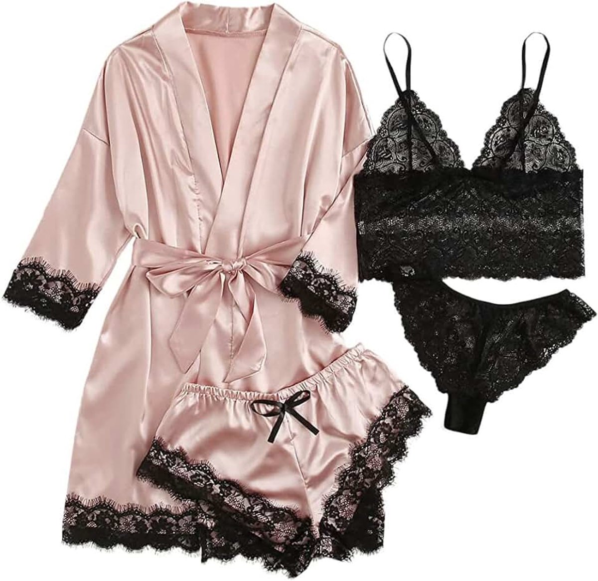 ISpchen 4-delige pyjama voor dames, lange pyjama, nachtkleding, sexy kant, ondergoed, korte broek, nachthemd, lente, zomer, herfst, ochtendjas, zachte nachtkleding, shorts