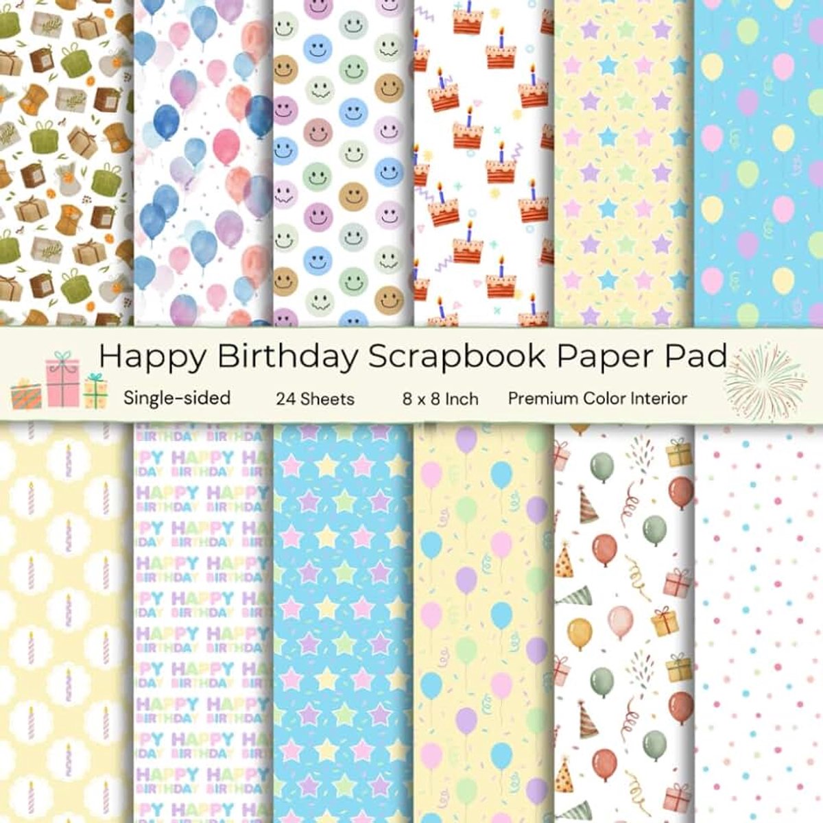 24 Sheets Happy Birthday Scrapbook Paper Pad, 8x8 Inch, Single-Sided Decorative Craft Paper, 12 Colorful Birthday Designs for Scrapbooking, Card ... Projects: Premium Color Interior, 8 x 8 Inch