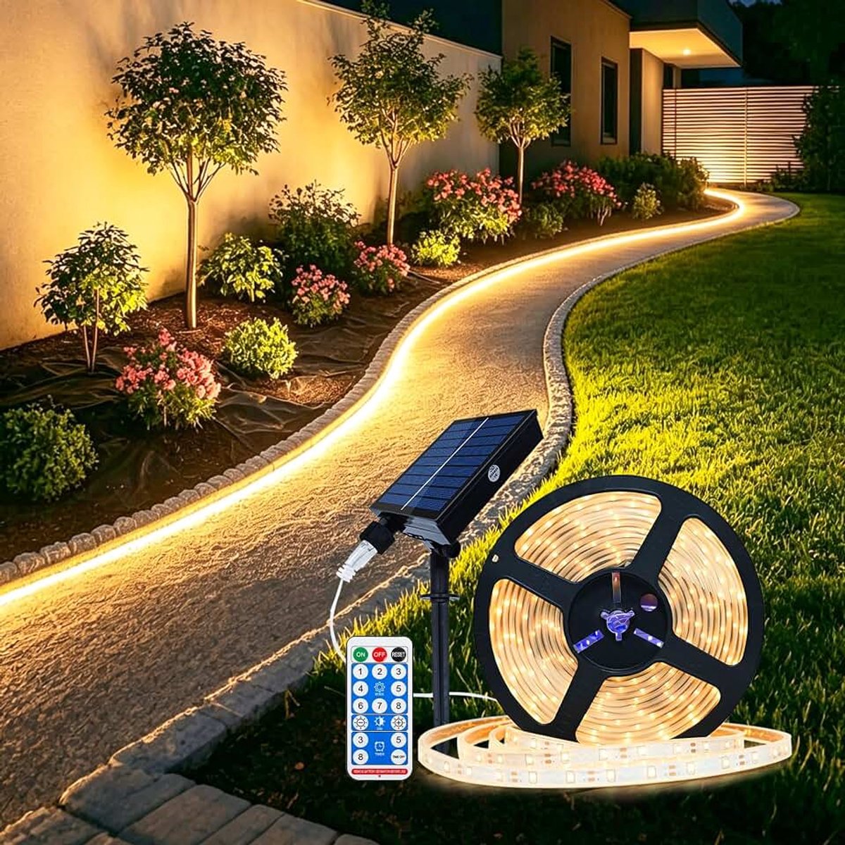 Ledstrip op zonne-energie, 5 m, voor buiten, 300 leds, dimbare ledstrip met afstandsbediening, 8 modi, timer, zelfklevend, IP65 waterdicht, lichtketting voor tuin, terras, balkon, trap