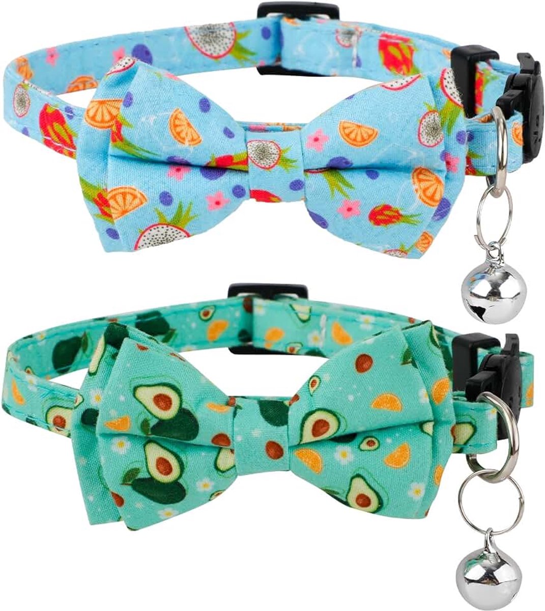 Halsbanden, Schattig Fruit Kattenhalsband met Strikje en Bel Verstelbaar Zachte Kattenvlinderdashalsband met Drakenfruit Avocadopatroon voor Kitten (Blauw, Groen)
