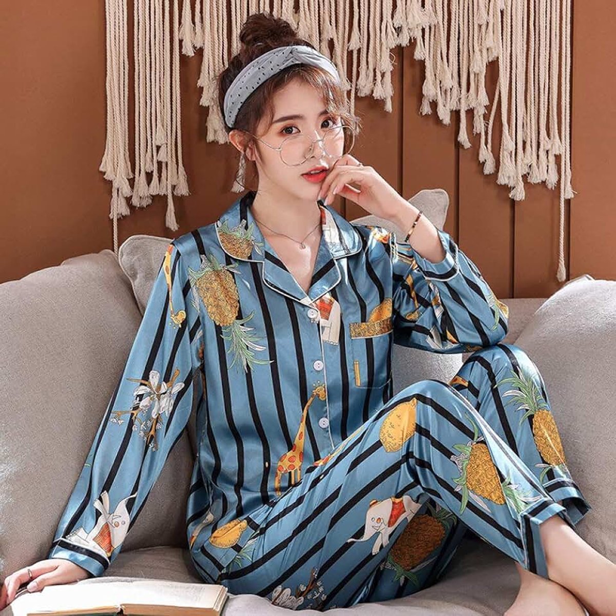 Pyjama, nachtkleding, dames, pyjama, satijn, nachtkleding, lange mouwen, nachtkleding, verliefd, mannenkostuum, pyjama, homewear.