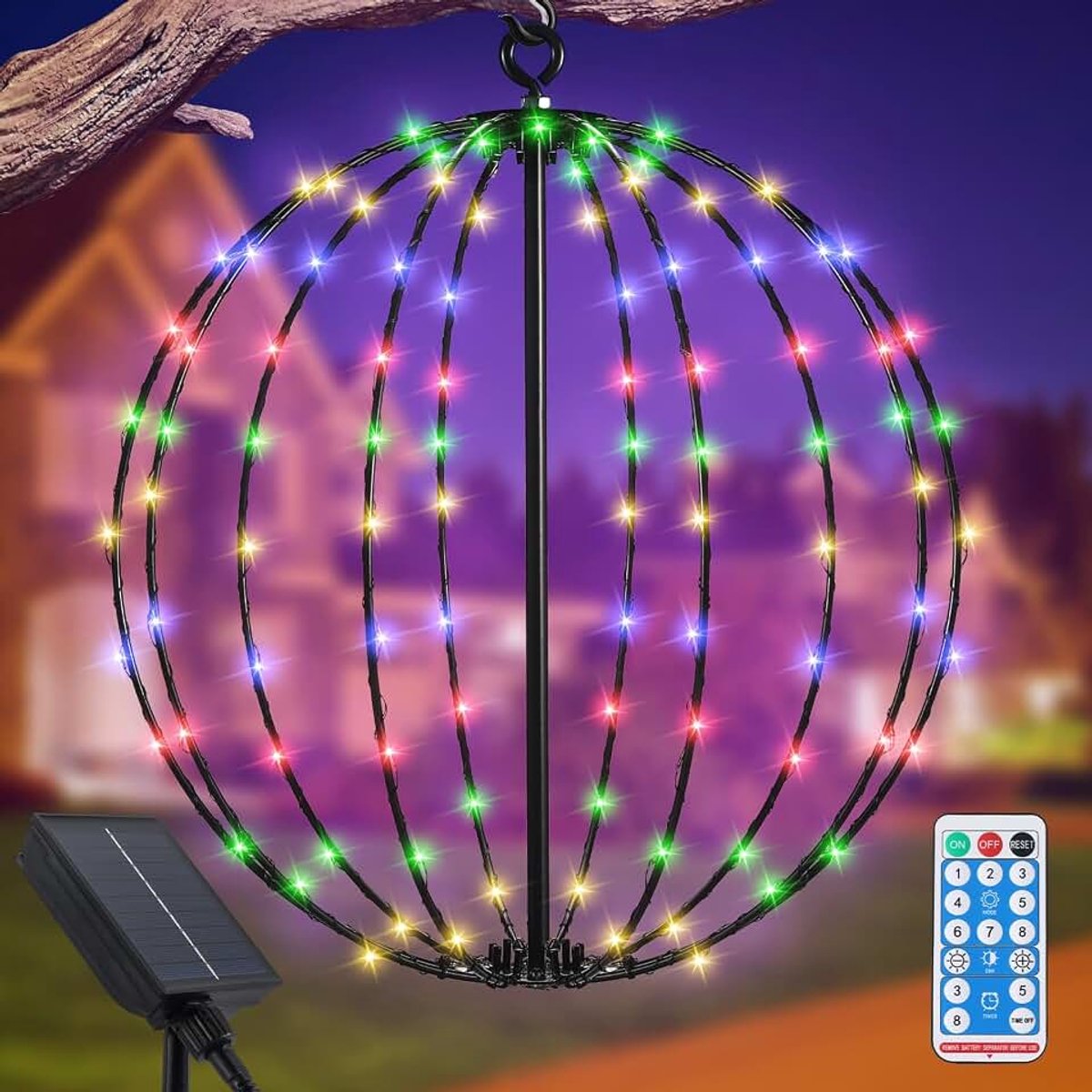 Hangende Tuin Licht Buiten, 120 leds waterdichte metalen zonnehangende lantaarns, 30cm grote zonne -wereldbol lichten sferisch kerstdecoratief licht voor tuinpatio dek tuin (kleurrijk)