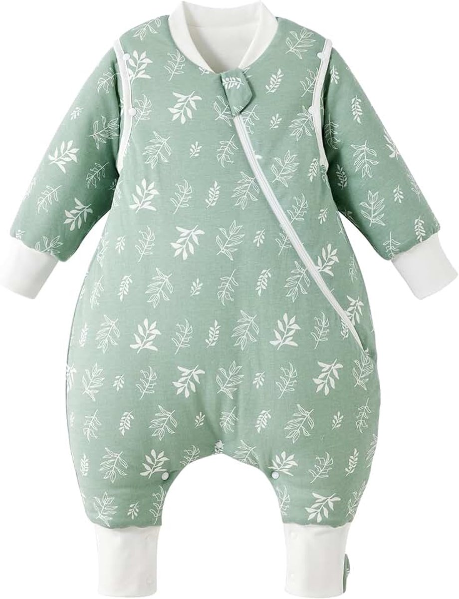 Winter Baby Slaapzak met Benen 3,5 Tog, Pasgeboren Warme Slaapzak met Voeten 100% Katoen Peuter Draagbare Deken 12-24 maanden, Groene Bladeren