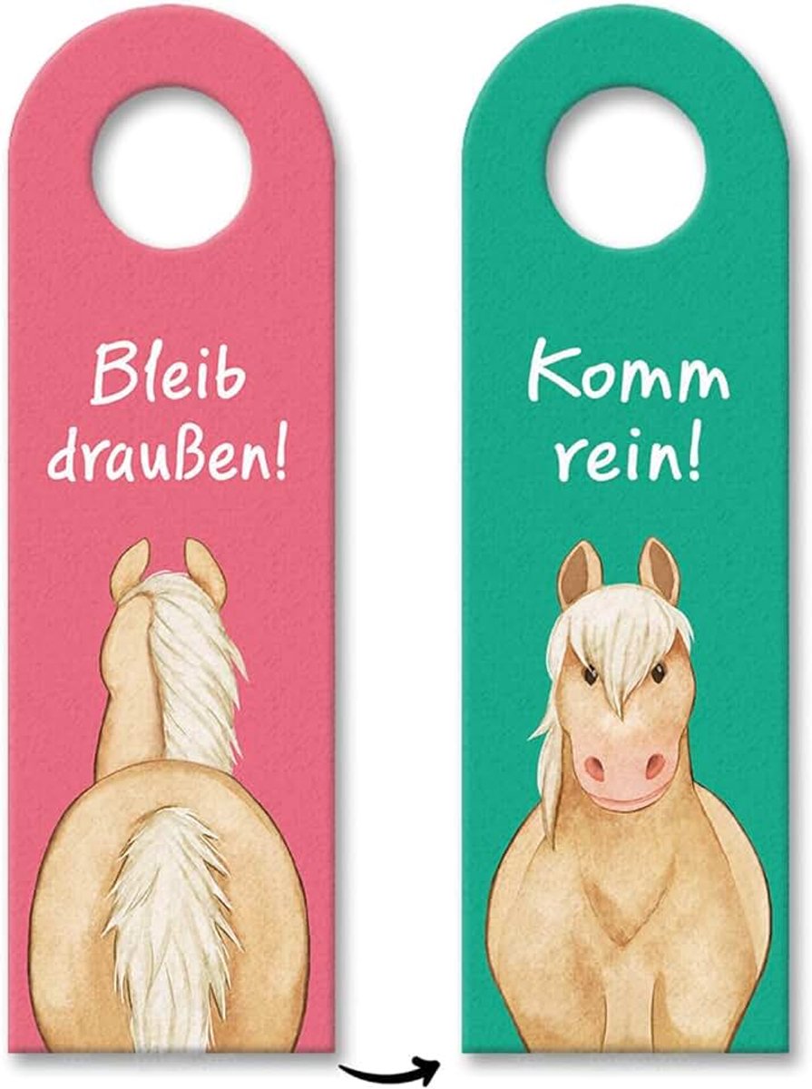 Paardendeurhanger met de spreuk "Blijf buiten - Kom binnen" - ponydecoratie voor meisjeskamers, paardenliefhebbende meisjes, kinderen, tieners, ideaal voor Haflingerliefhebbers
