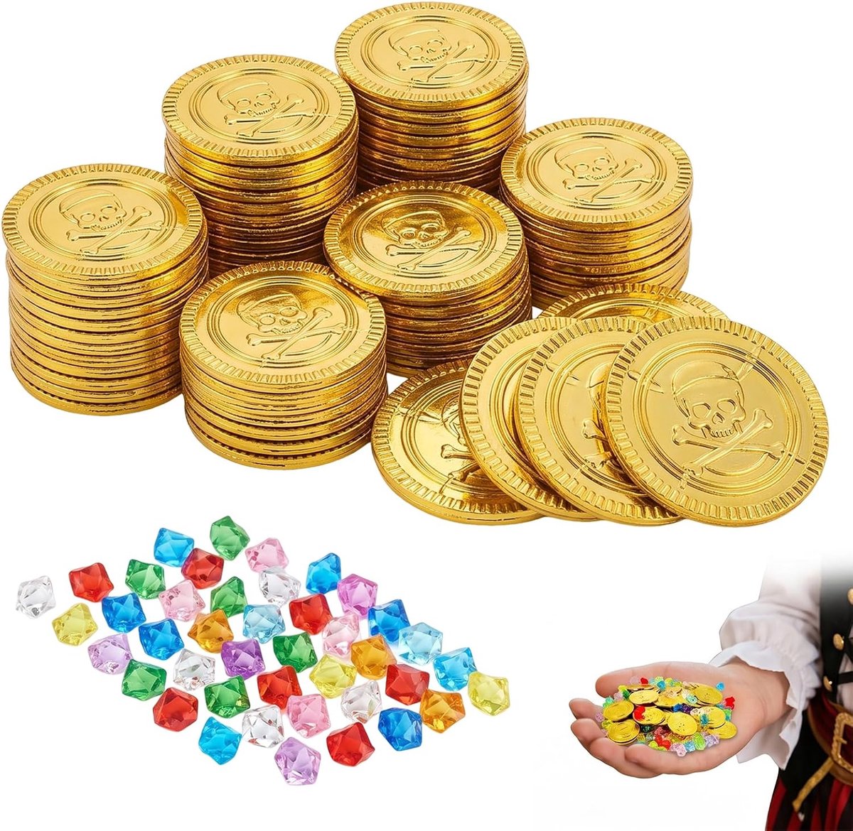 Munten en 50 kleurrijke edelstenen, piratenaccessoires voor schatzoektocht en kinderverjaardagen, decoratie voor schatkist