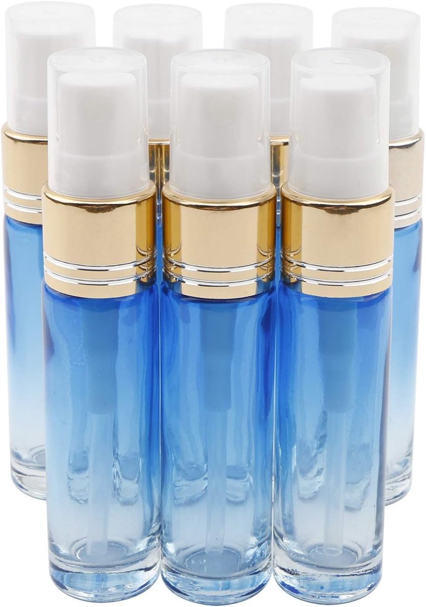7 Stks Mini 10 ml Blauw Gradiënt Spray Glazen Flessen Verstuiver Pomp Hervulbare Glazen Fles Fijne Mist Flessen Draagbare Make-up Tool voor Reizen, Partij, Gift, Blauw, Standard
