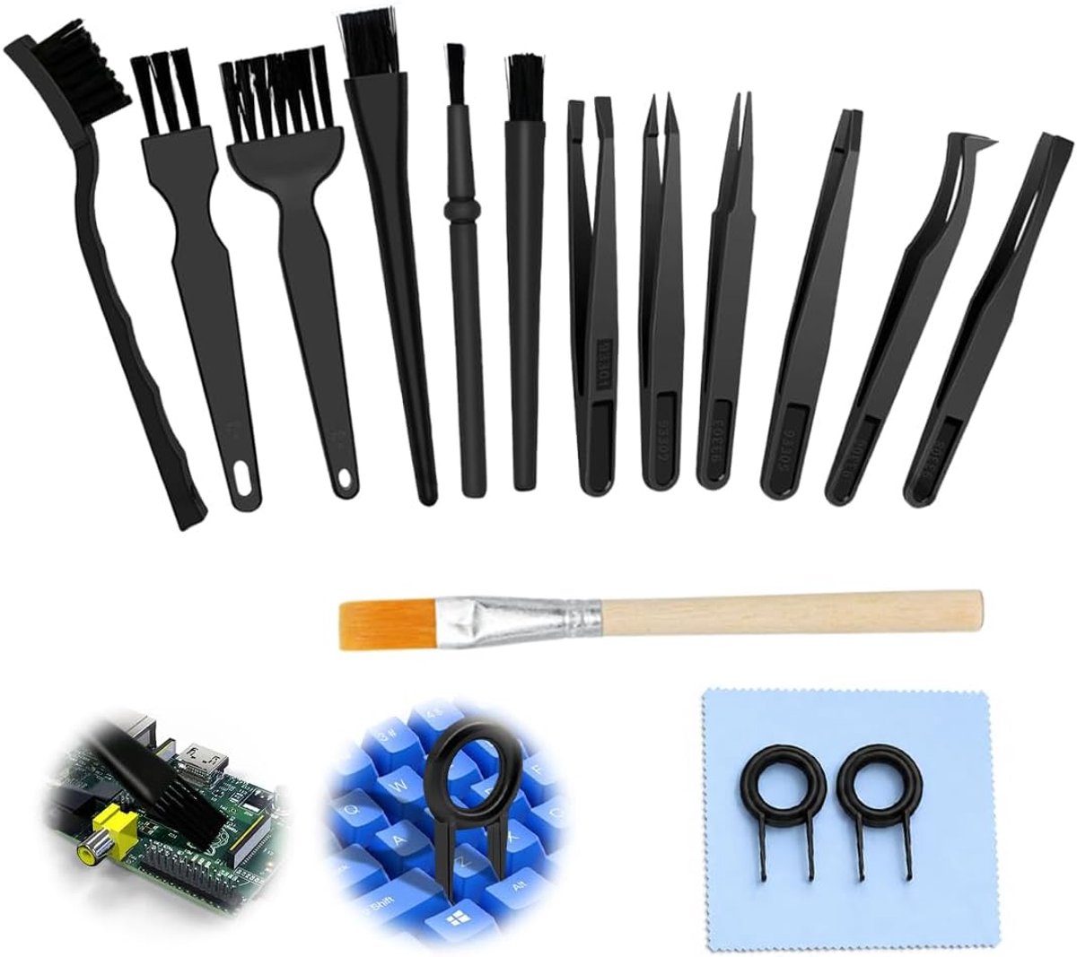 Reinigingsborstels voor toetsenbord, kunststof, antistatisch, reinigingsborstelset voor camera, toetsenbord, computer (zwart)
