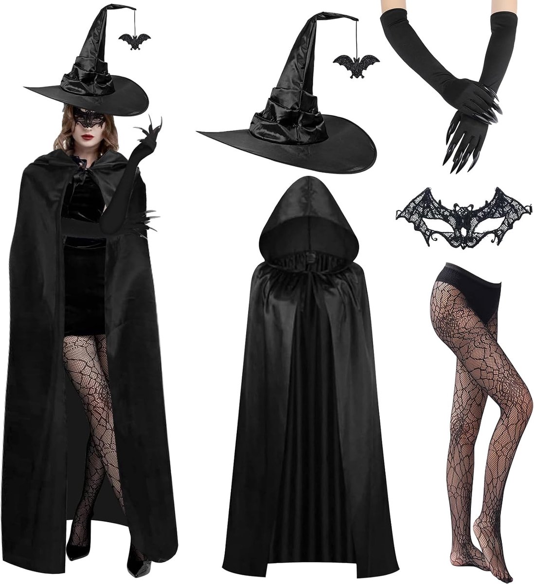 Heksenkostuum voor dames, Halloween-kostuum, heksencape, vampiercape, heksenhoed voor Halloween, cosplay, carnaval, maskerade