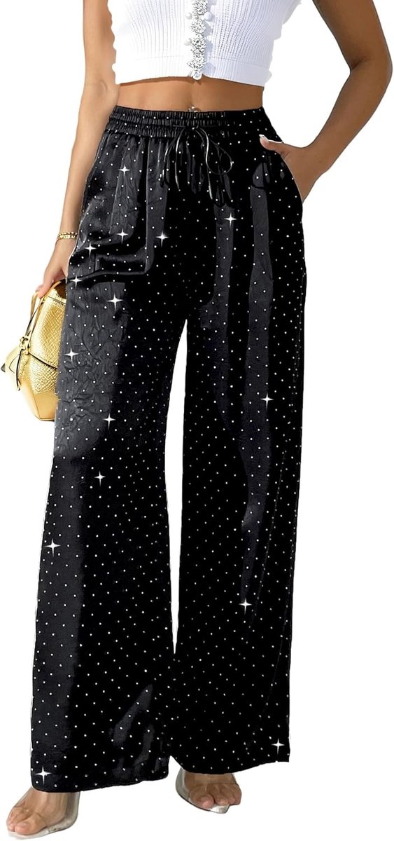 Strass Glitter Satijn Zijdeachtige Broek Hoge Taille Brede Pijpen Broek Glanzend Party Werk Nachtclub Wear