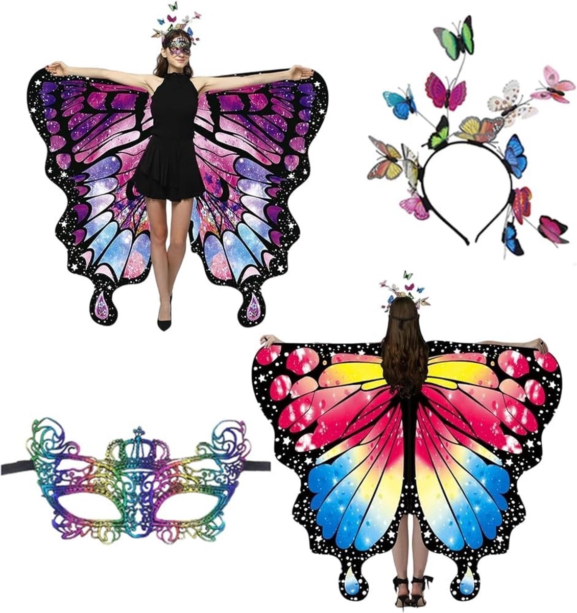 Vrouwelijk Vlindercostuum met Kant Vlinder Vleugels - 3-delige Set voor Carnaval en Cosplay