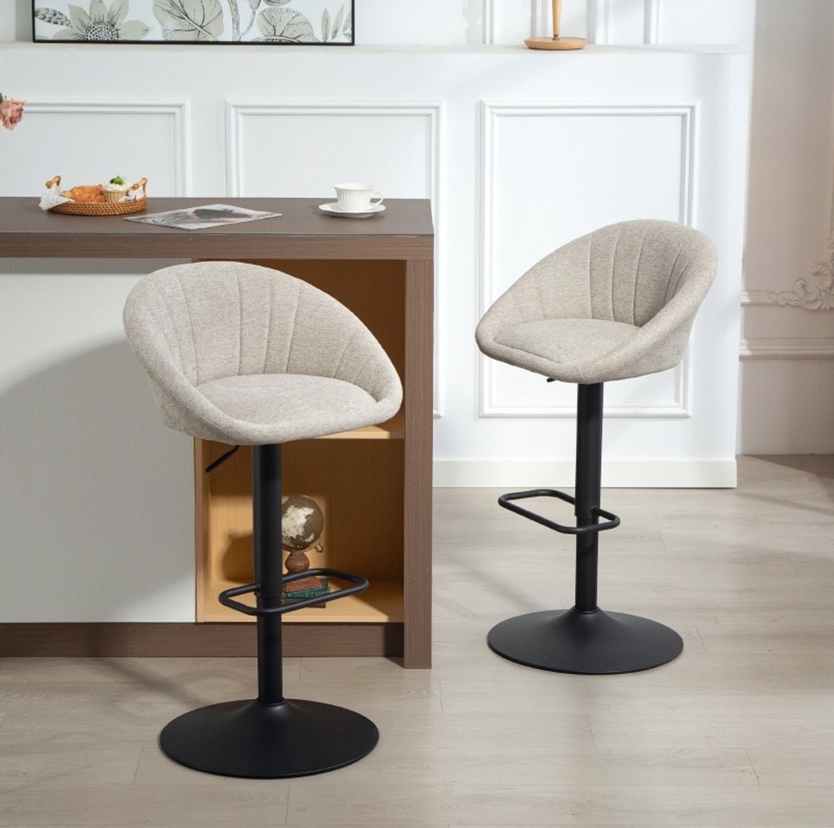 MODENUIT Barkruk 53,5 x 46 x 103 cm - Set Van 2 Draaibaar Verstelbaar Met Rugleuning - Keuken - Stof Beige