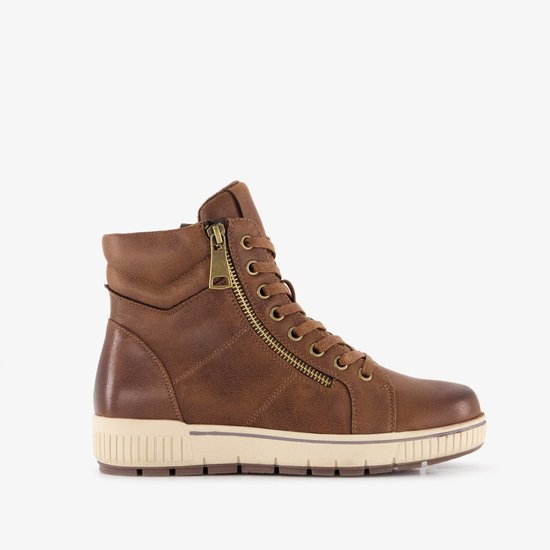 Bruine leren hoge sneaker met rits en veters
