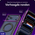 Telefoonhoes met verhoogde randen bij camera en scherm, met tekst over de bescherming.