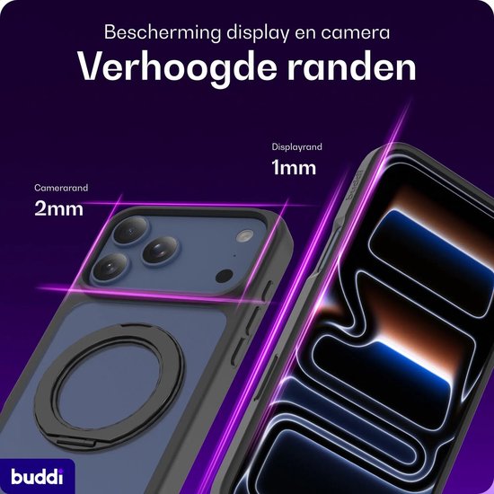 Telefoonhoes met verhoogde randen bij camera en scherm, met tekst over de bescherming.