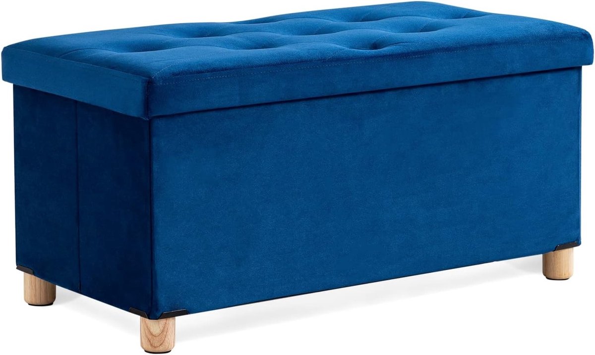 Vellaro Dekenkist - Blauw - 76 x 38 x 38 cm - Fluwelen Opbergbox met Houten Poten - Voor Thuisgebruik