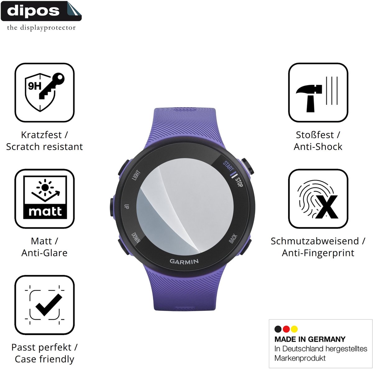 dipos – 2x Matte Pantserfolie geschikt voor Garmin Forerunner 45S | 9H Screenprotector