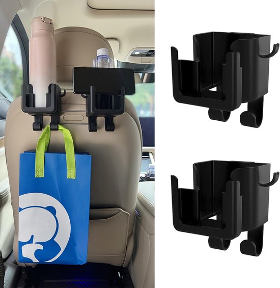 Auto Haak - Auto Organizer - Bekerhouder Auto - Telefoonhouder Auto Achterbank - Hoofdsteun Haken - Tashouder - Kledinghanger - Auto Accessoires Interieur - Auto Gadgets - Opbergen - Reisaccessoires - Multifunctioneel - Zwart - 2 Stuks