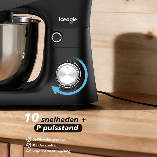 Keukenmixer - Stille Werking - 5L Mengkom - 10 Snelheden - Inclusief Deeghaak, Garde & Menghaak - Keukenrobot - Zwart van AIMASON — afbeelding 3