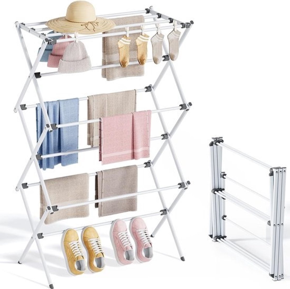 Opvouwbare kledingdroger, 3-laags kledingdroger, ruimtebesparende wastoren, opvouwbare wasdroger, handdoekenrek voor kleding, ideaal voor kleine ruimtes, wit