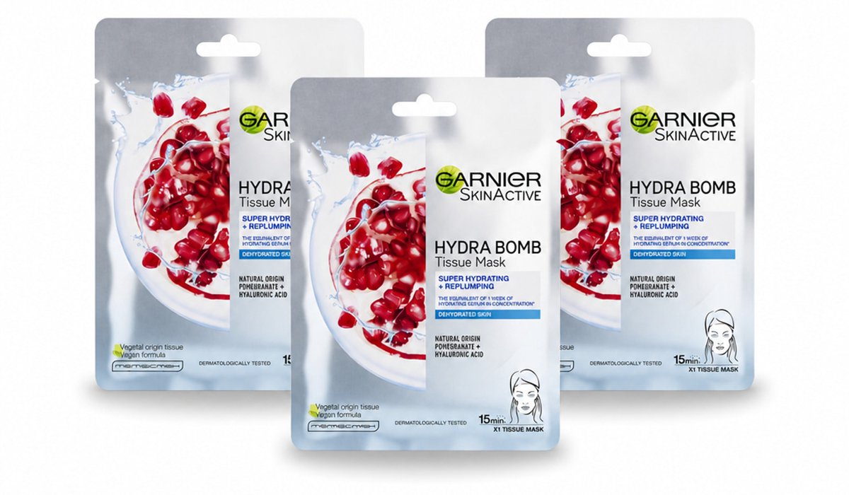 3 x Garnier - SkinActive - Hydra Bomb Sheet Mask - Granaatappel - Gezichtsmasker - 1 Gezichtsreinigingsmiddel - Bulkverpakking - 3 stuks