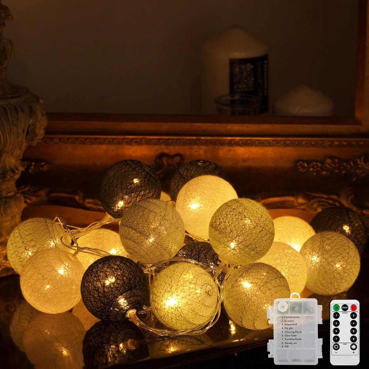 Katoenen bollen, lichtketting, werkt op batterijen, 20 leds, dimbaar, met afstandsbediening, led-bollen, lichtketting voor kinderkamer, Kerstmis, bruiloft, feest (grijs)