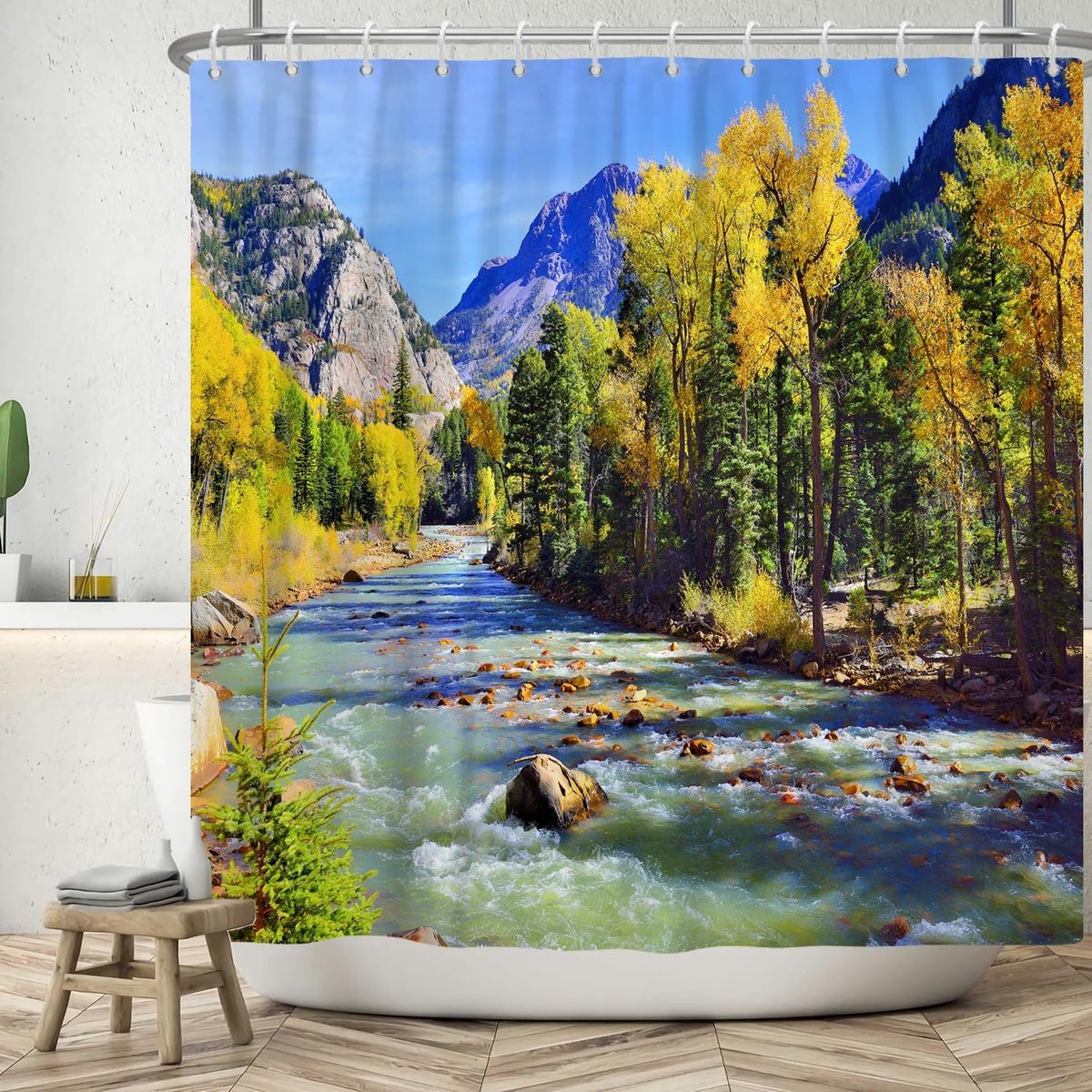 Douchegordijn 180 x 180 cm, natuurlijk landschap, berg en beek, groen bos, herfst, winter, badkamer, wasbaar, douchegordijnen, polyester, textiel, waterdicht, badgordijn voor bad, met