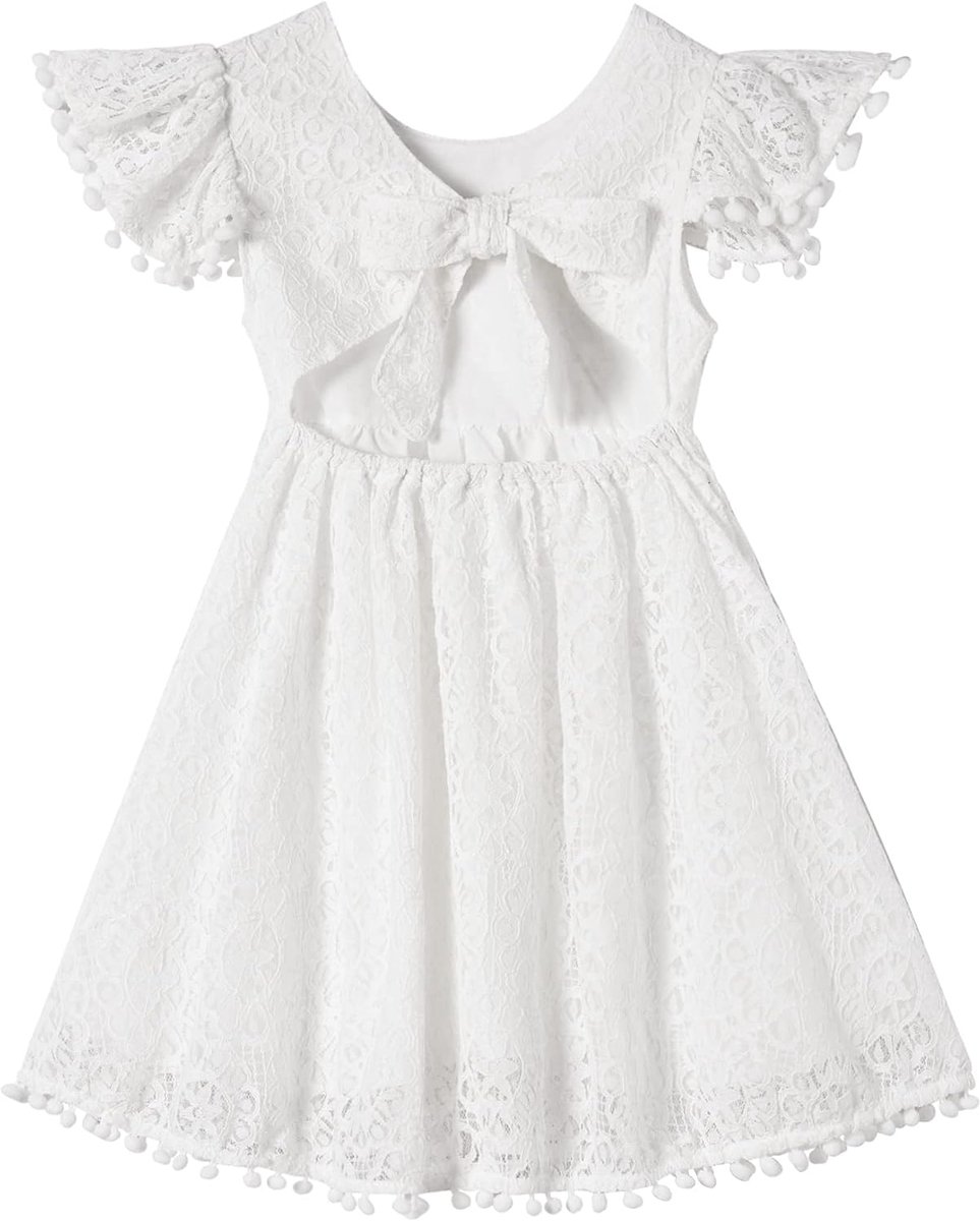Feestjurk voor meisjes, binding naar achteren voor kleine kinderen, kant, rugvrije strik, pompons, fladdermouwen, prinsessenjurk