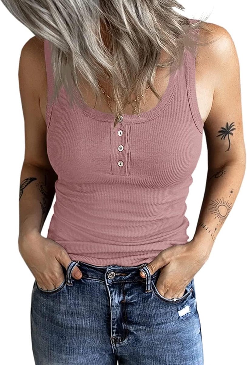 Damestop, slimfit, bovenstuk met knopen, geribbeld, mouwloos, tanktop, casual