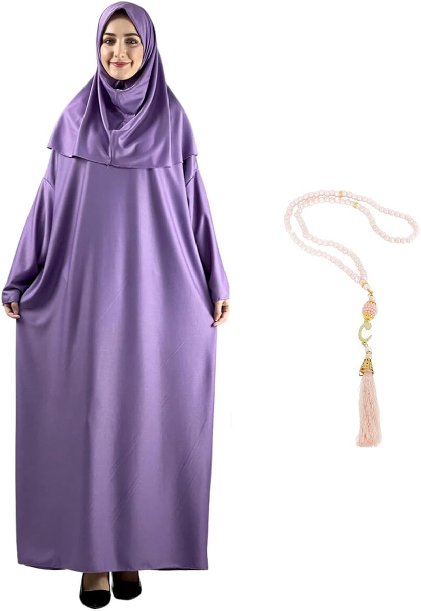 Gebedskleding met Hijab, Lange Abaya Jurk, Turkse Islamitische Outfit, Dubai Kaftan met Rozenkrans