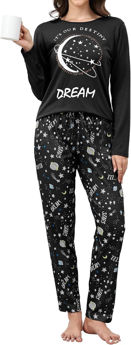 Pyjama Dames Lange Pyjama Katoenen Winter Pyjama Set Ronde Hals Top en Pyjamabroek Lange Mouwen Loungewear Nachtkleding Huispak Gezellig Vrijetijdspak