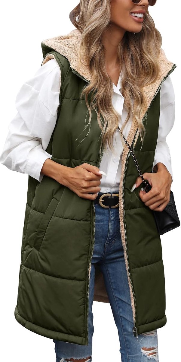 Bodywarmers voor dames, gewatteerde bodywarmers met ritssluiting, gewatteerd vest voor dames, lange bodywarmers met capuchon, mouwloos, donsjas, fleece, dik vest, wintervest