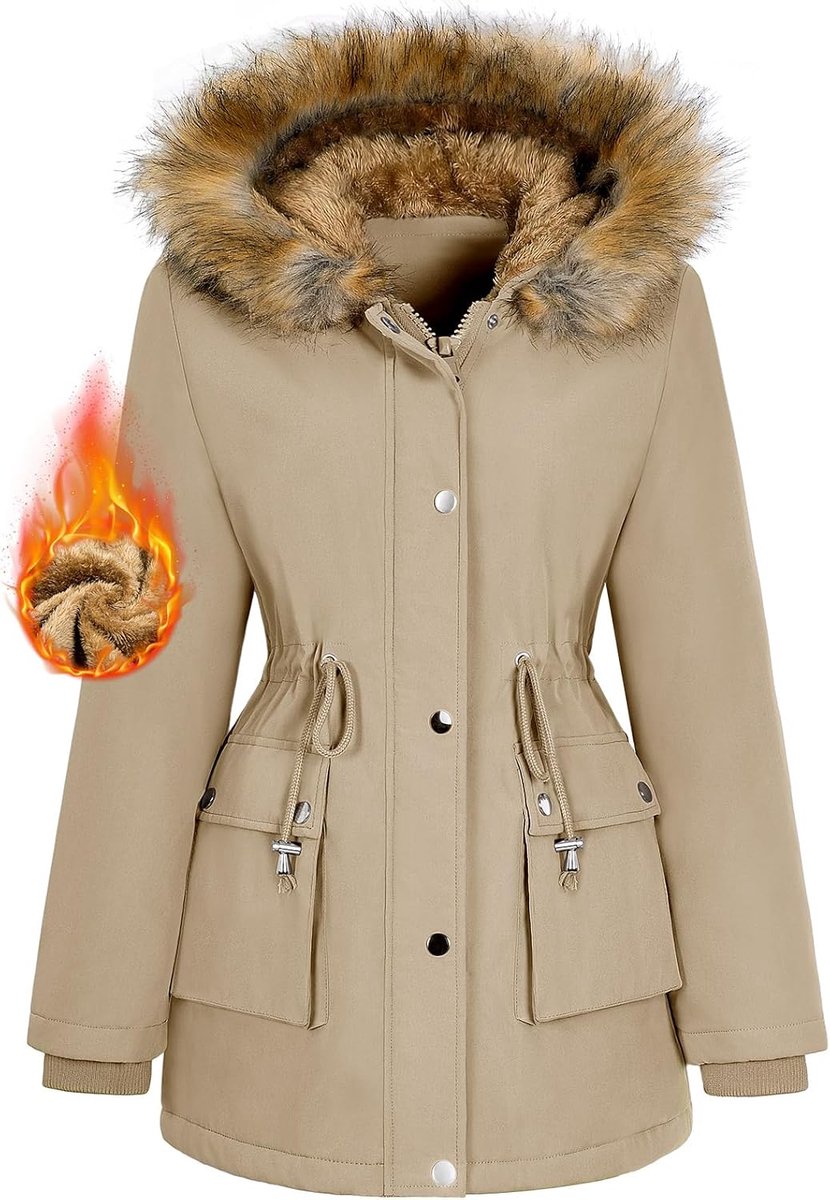 Winterjas voor dames, warm, waterdicht, gevoerd, middellange winterparka met verstelbare taille en afneembare sierbies
